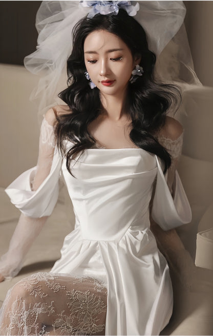 Elegant White Satin Lace Wedding Dress, Flowing Wedding Reception Dress,AST1752