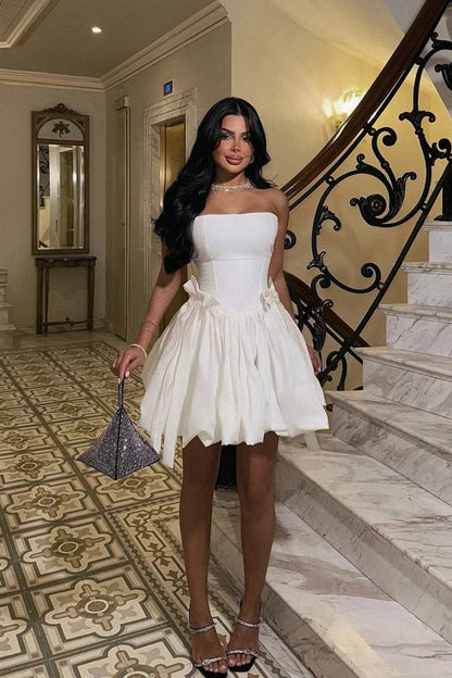 Elegant White Strapless Corset Mini Ball Gown with Voluminous Skirt