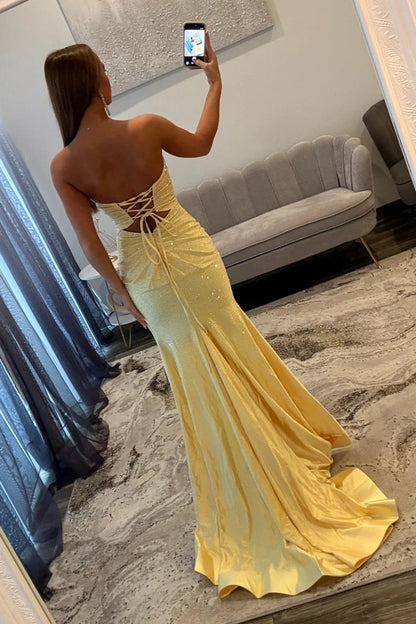 Elegant Yellow Strapless Long Beaded Evening Dress with Front Cutout and Slit