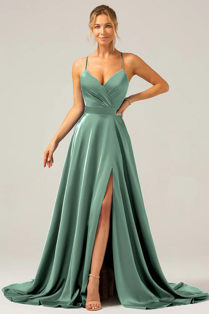 omberprom Dark Green A Line Prom Dresses Spaghetti Straps Pleated Satin Maxi Dress with Slit