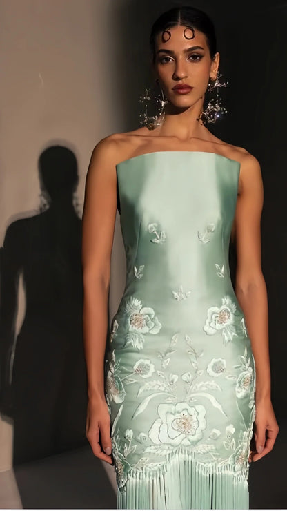 Exquisite Sage Green Embroidery Sheath Prom Dress Tassel Skirt,AST2221