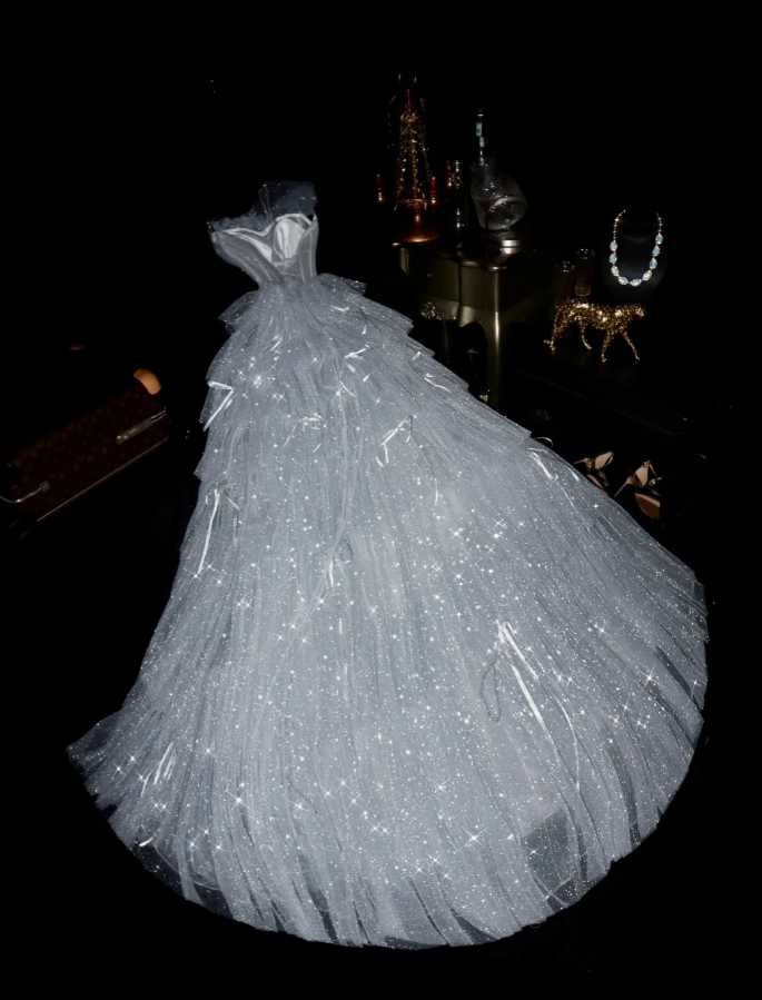 Glitter Strapless Silver Sequin Tulle Layered Mermaid Long Birthday Party Dress Prom Dresses SP1413