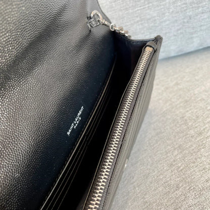 YSL  Cassandre Envelope Chain Wallet Black Grain Leather 19x11.5x4 cm
