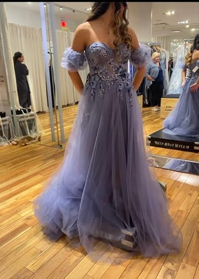 Sparkly Bling High Slit Sweetheart Floral A Line Puffy Sleeves Formal Party Prom Dress Y1862