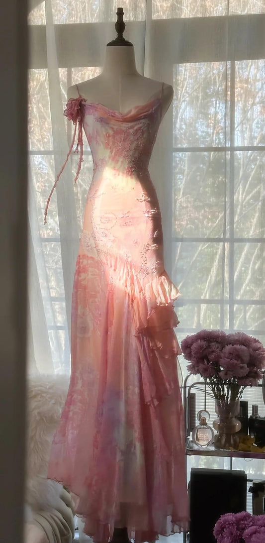 Vintage Pink Floral A-line Spaghetti Strap Irregular Hem Evening Dress Prom Dresses TP3932