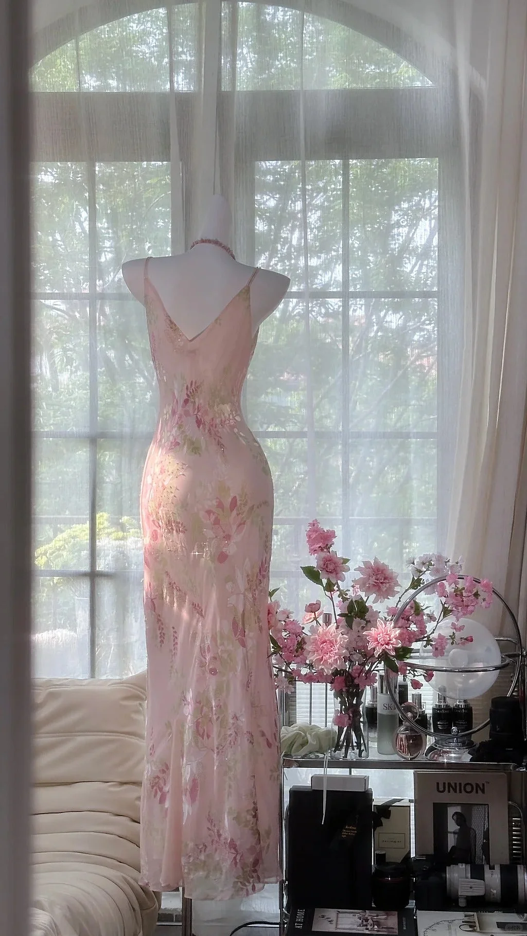 Sweet Pink Delicate Floral Long Chiffon Evening Dress Birthday Party Dress  Y9795