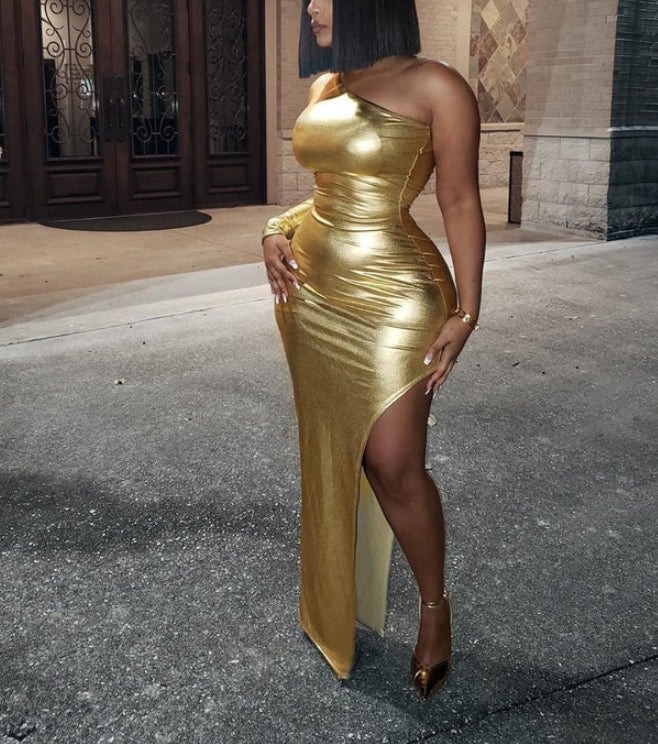 Gold One Shoulder Tight Slit Party Cocktail Maxi Dresses Charming Evening Dress Wholesale