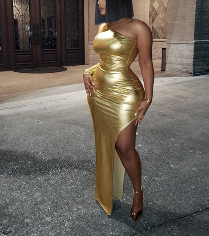 Gold One Shoulder Tight Slit Party Cocktail Maxi Dresses Charming Evening Dress Wholesale