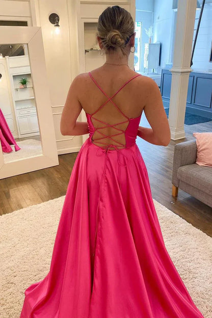 Fuchsia Scoop Neck Satin A-Line Long Party Dress with Slit Simple Evening Dress Wholesale