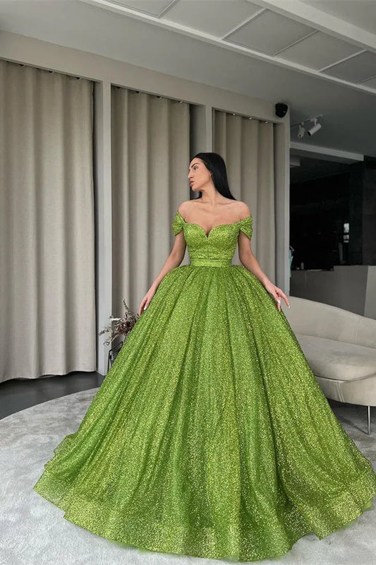 omberprom Green Off The Shoulder Ball Gown Evening Dress With Sequins Sparkly Prom Dress Sexy