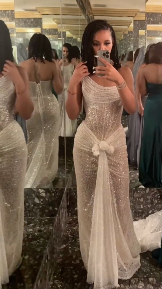 Sparkly Strapless Sequin Pleated White Mermaid Prom Dress Formal Party Gown