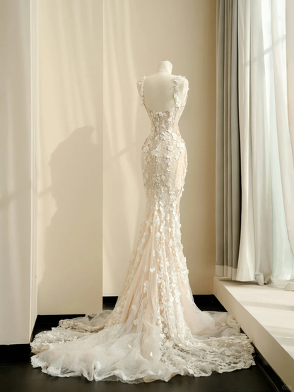 Classy Tulle Lace Appliques Mermaid Prom Evening Dress,Long Wedding Dress Y8681