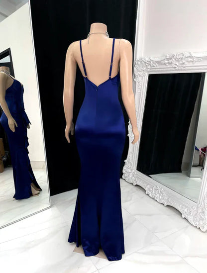 Wine Red Straps Ruffles V Neck Long Prom Dress with Slit Evening Party Dress Wholesale