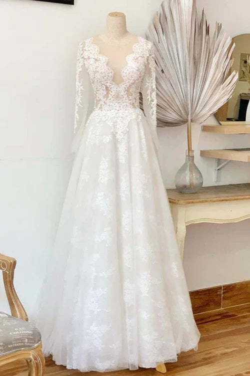 omberprom Elegant A-Line Illusion Crew Neck Lace Wedding Dress