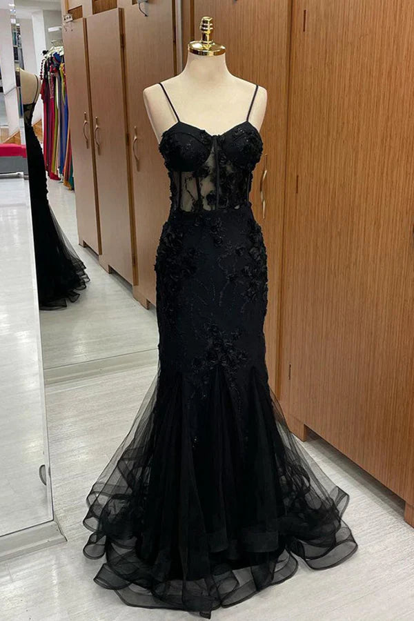omberprom Fashion Black Sweetheart Evening Dress Straps Mermaid Appliques Tulle Long Prom Dress