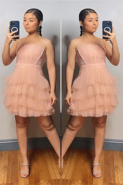 Spaghetti Straps Tulle Ruffles Homecoming Dress