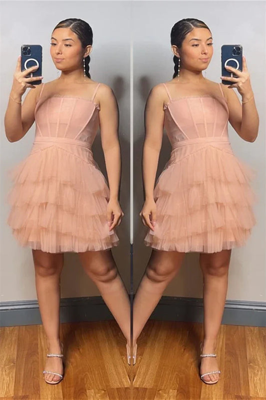 Spaghetti Straps Tulle Ruffles Homecoming Dress