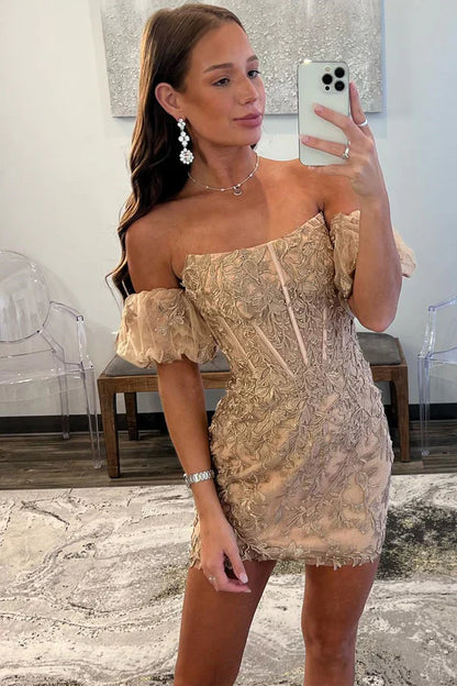 omberprom Elegant Sheath Off Shoulder Graduation Dresses Strapless Homecoming Dress with Appliques