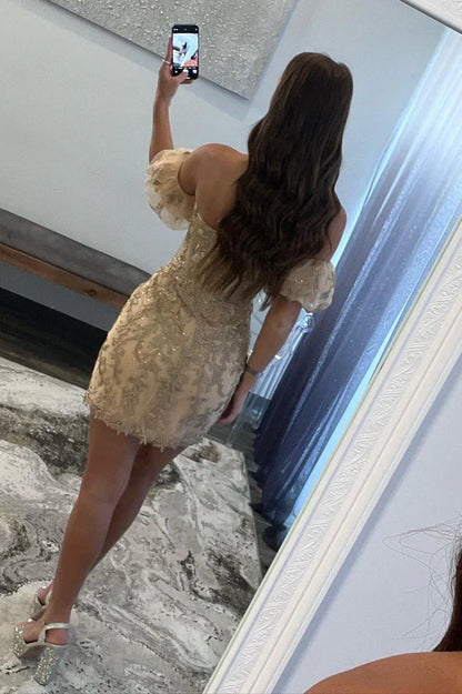 omberprom Elegant Sheath Off Shoulder Graduation Dresses Strapless Homecoming Dress with Appliques