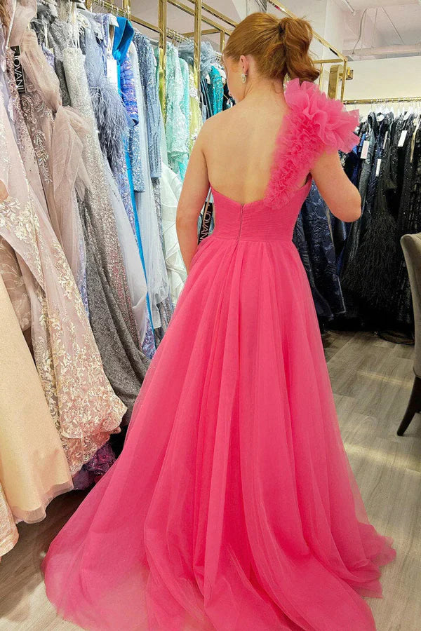 omberprom Elegant A-Line One Shoulder Long Tulle Prom Dress with Ruffles