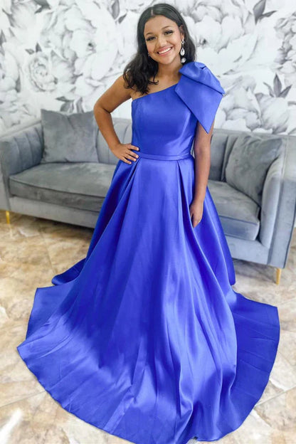 omberprom Red Evening Dress One Shoulder Bow Tie Satin Prom Dress with Pockets