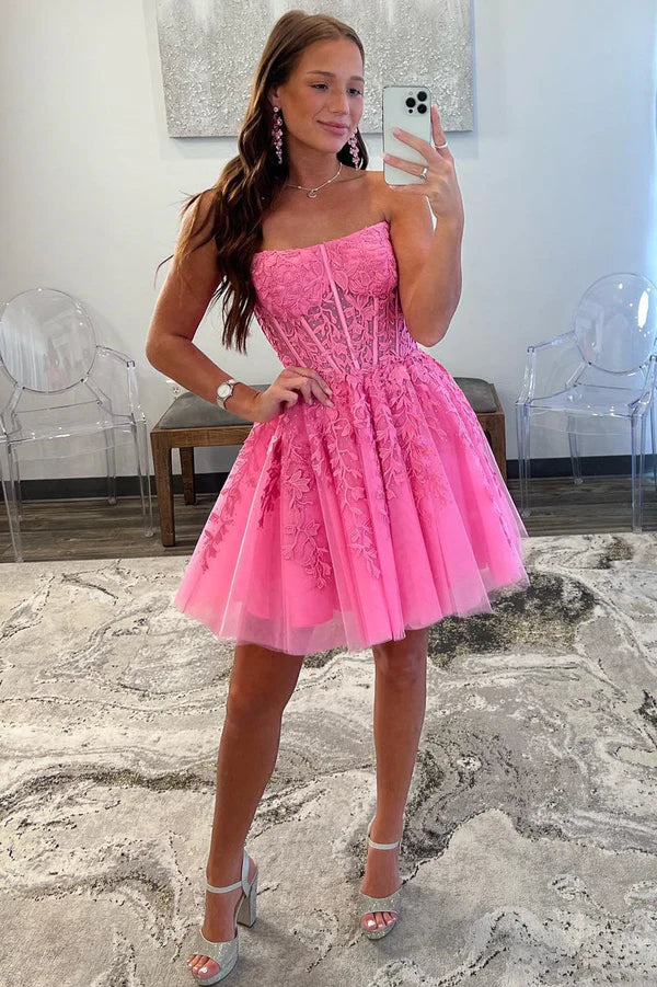 omberprom Elegant A-Line Graduation Dresses Tulle Lace Homecoming Dress with Appliques