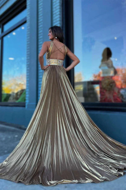 omberprom Fashion Pleated Evening Dress Criss Cross Straps Metallic Long Prom Dress