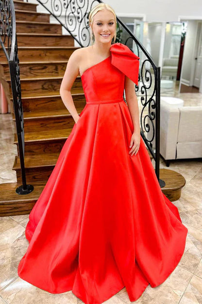 omberprom Red Evening Dress One Shoulder Bow Tie Satin Prom Dress with Pockets