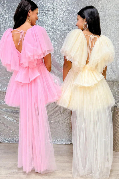omberprom A-line Elegant Graduation Dresses Plunging V Neck Tulle Homecoming Dress