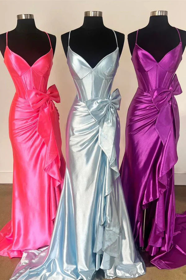 omberprom Elegant Evening Dress Straps V-Neck Satin Mermaid Prom Dress with Bow