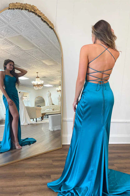 omberprom Fashion Straps Evening Dress Teal V-Neck Ruched Long Prom Dress