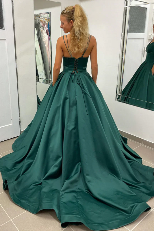 omberprom A-line Evening Dress Green Satin Elegant Long Prom Dress Wedding Guest Dress Party Dress
