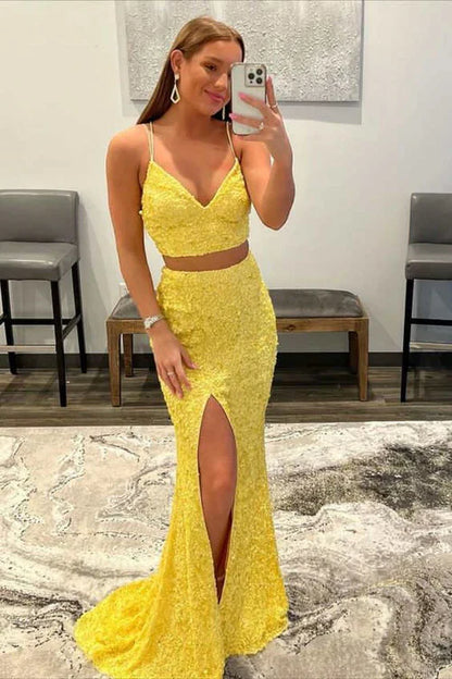 omberprom Two Piece Fashion Graduation Dresses Mermaid Sequins Prom Dress with Slit