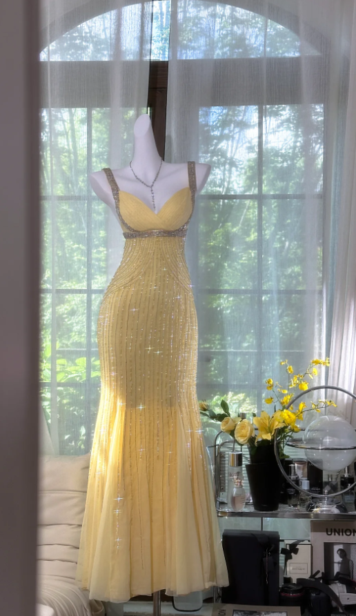 Glitter V Neck Yellow Chiffon Beaded Mermaid Party Dress Long Prom Gown