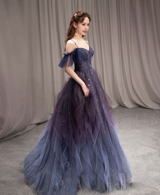 Dark starry sky ombre purple tulle long prom dress purple evening dress Y5847