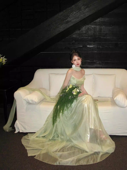 Pretty Green Strapless Tulle Long Evening Dress Birthday Prom Dress With Ribbon SP2026