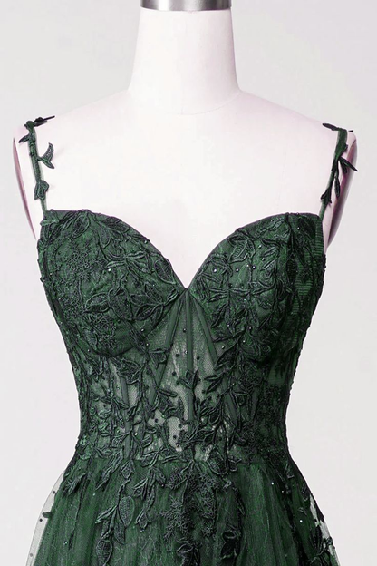 Dark Green Tulle with Lace Beaded Straps Prom Dress,Green Long Formal Dress Party Dress Y6111