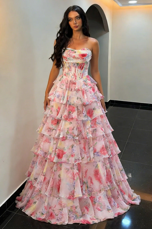 Fairytale Pink Floral Strapless Prom Dress with Corset Bodice and Ruffle Skirt
