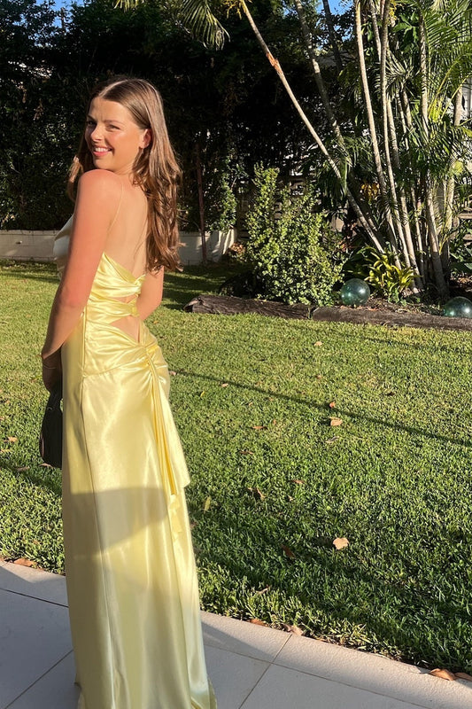 Fashion Sheath Spaghetti Straps Yellow Long Party Dress with Keyhole