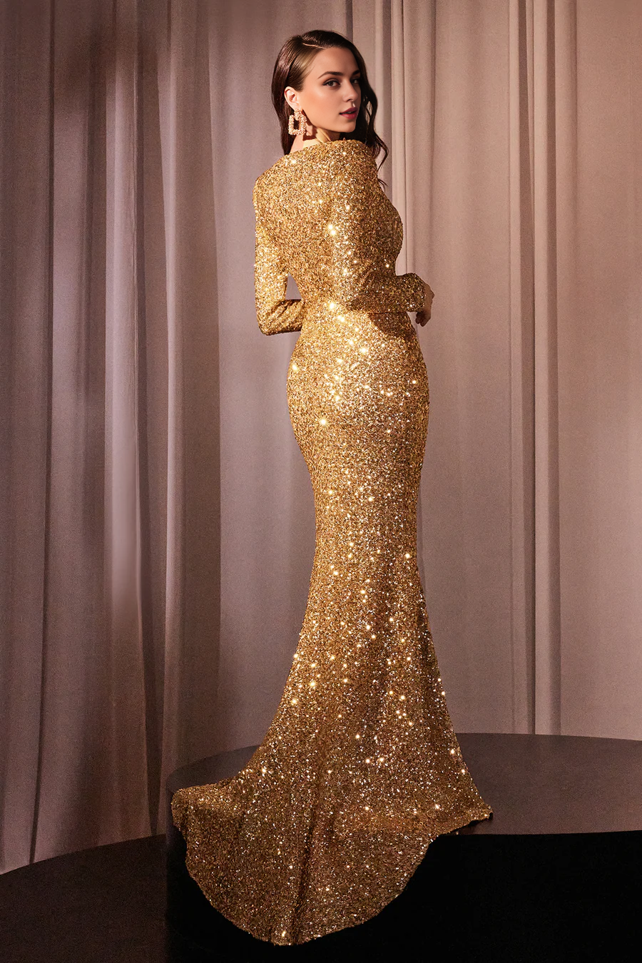 omberprom Fashion Evening Dress Sequin Fitted Long Sleeve Party Gown Sparkly Prom Dresses With Slit