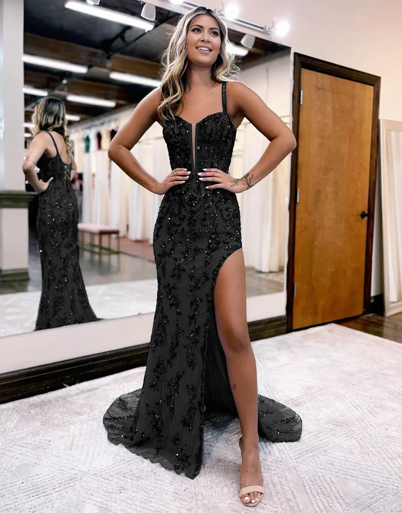 omberprom Fashion Sparkly Long Prom Dress Sheath Blue Charming Evening Party Dress with Slit