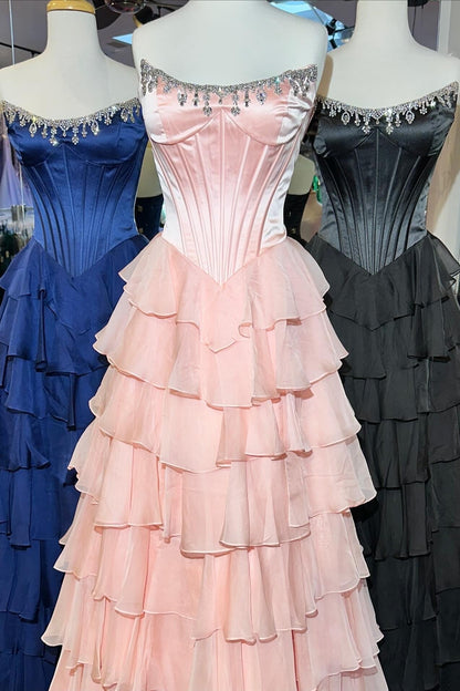 Fashionable A Line Strapless Hot Pink Corset Prom Dress with Beading Ruffles