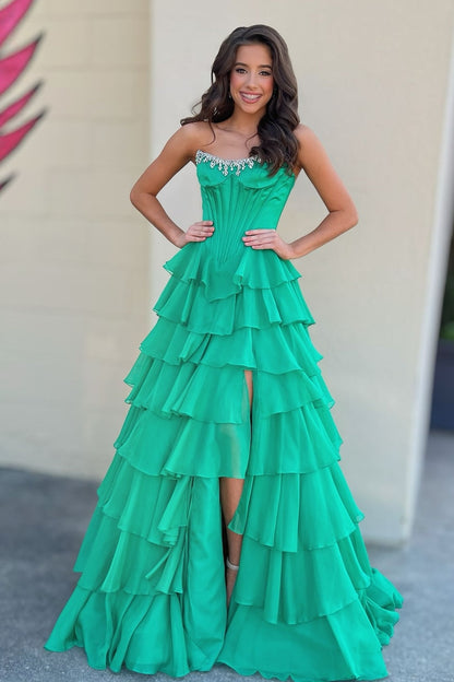 Fashionable A Line Strapless Hot Pink Corset Prom Dress with Beading Ruffles