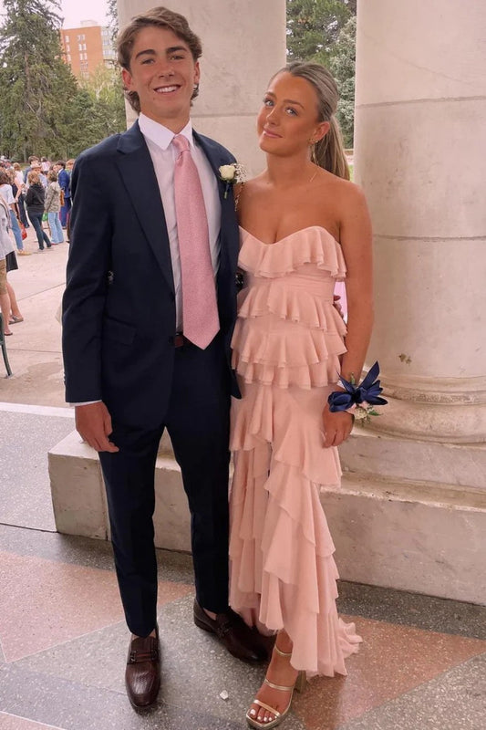 Feminine Blush Pink Strapless Layered Ruffle Prom Dress with Tiered Skirt