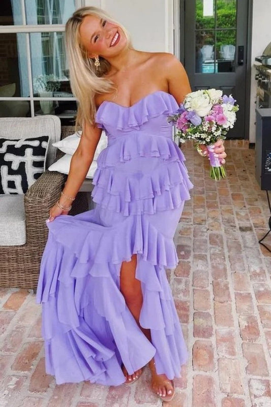 Feminine Blush Pink Strapless Layered Ruffle Prom Dress with Tiered Skirt