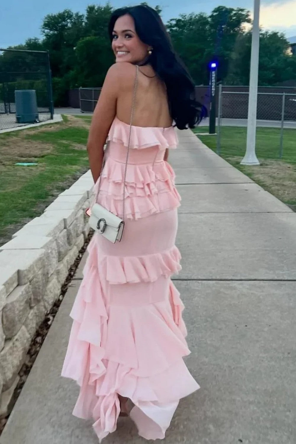 Feminine Blush Pink Strapless Layered Ruffle Prom Dress with Tiered Skirt