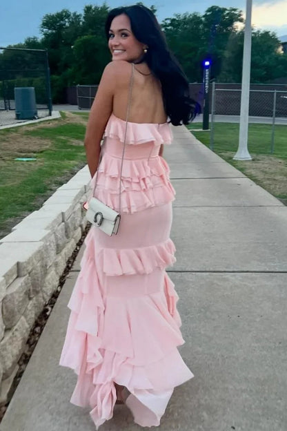 Feminine Blush Pink Strapless Layered Ruffle Prom Dress with Tiered Skirt