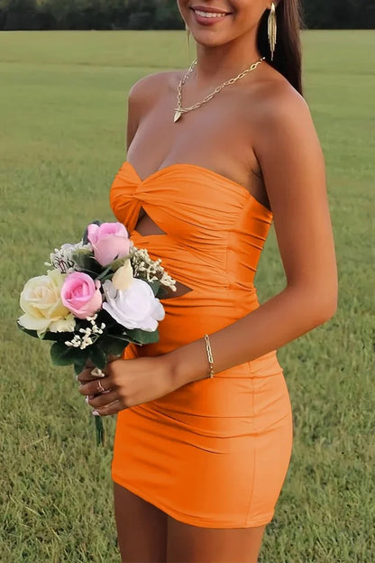 Elegant Strapless Yellow Ruched Bodycon Homecoming Dress with Cutout Detail