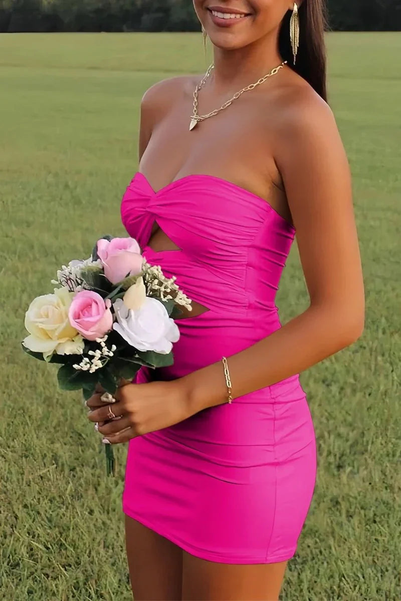 Elegant Strapless Yellow Ruched Bodycon Homecoming Dress with Cutout Detail