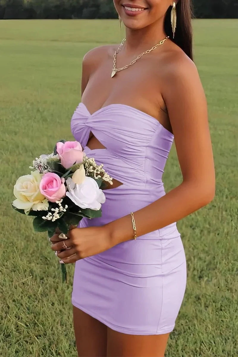 Elegant Strapless Yellow Ruched Bodycon Homecoming Dress with Cutout Detail